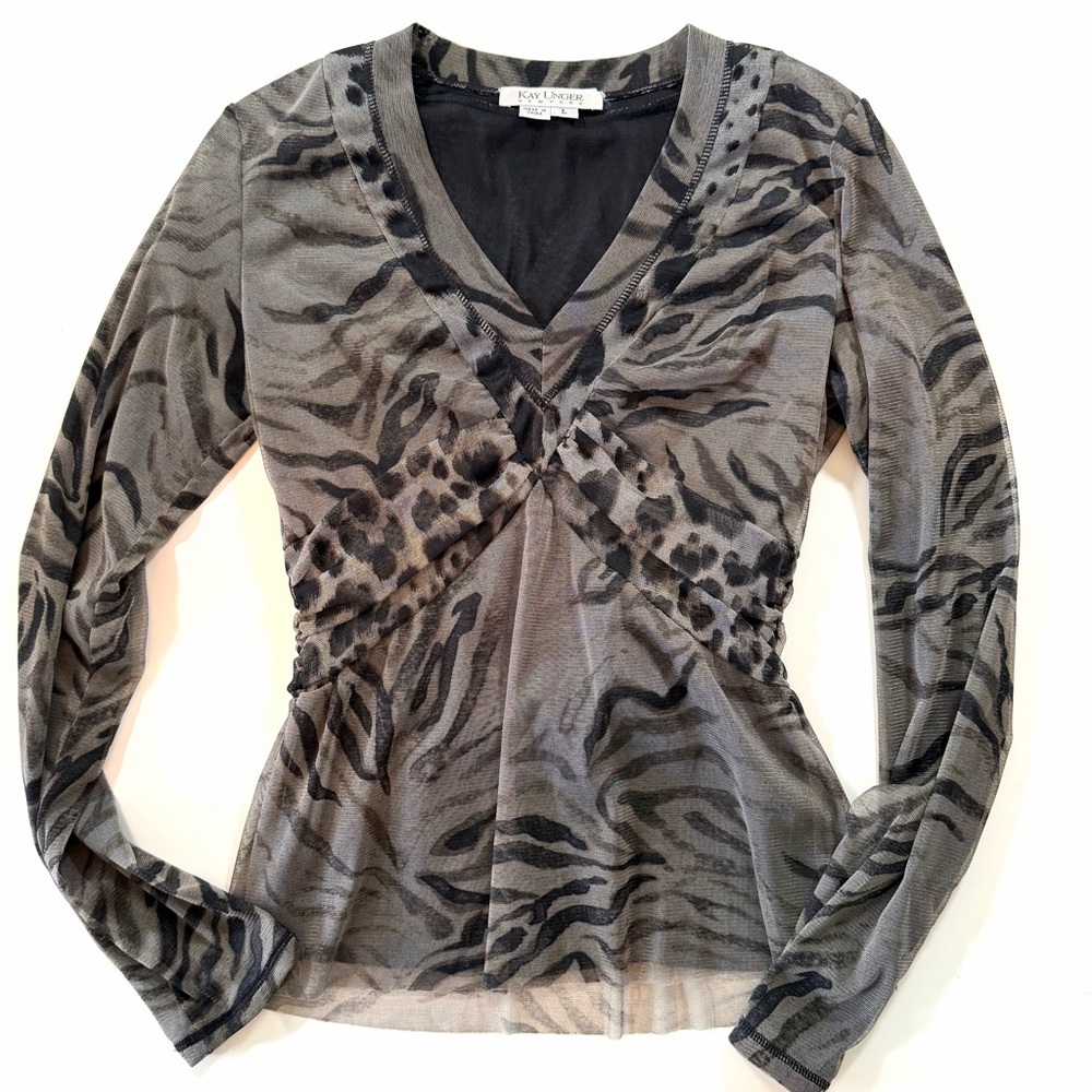 Kay Unger New York Animal Print Mesh Top V Neck Gray Black Women’s L Gray Black